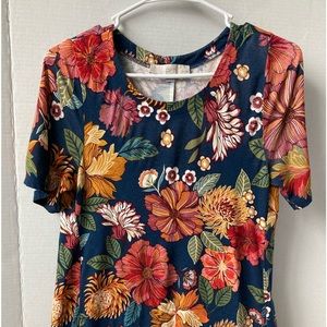 Loft navy and multicolor floral midi short sleeve rayon spandex t shirt dress